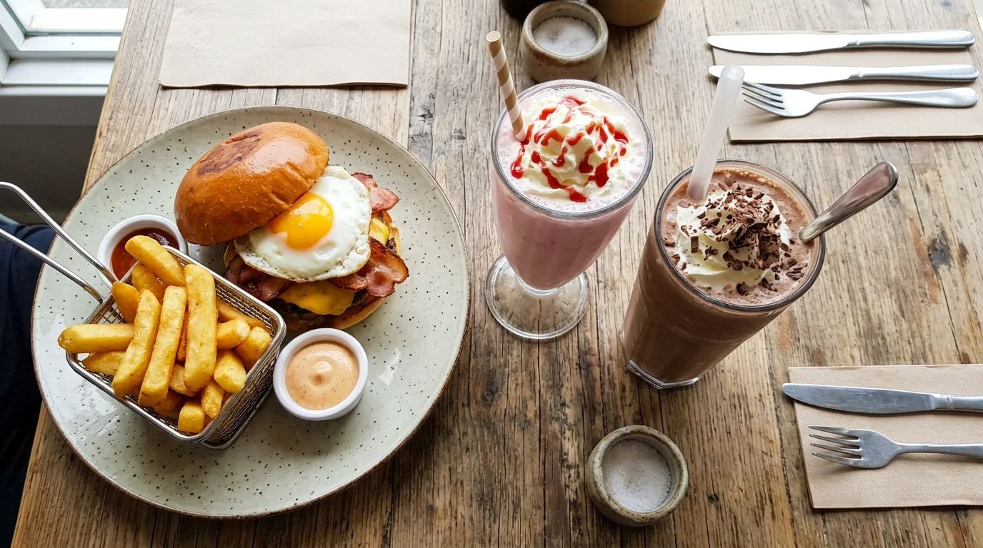 Milkshake and thick shake beside a breakfast burger and chips at a Milkshake Near Me in Sunbury | The Spotted Owl cafe.