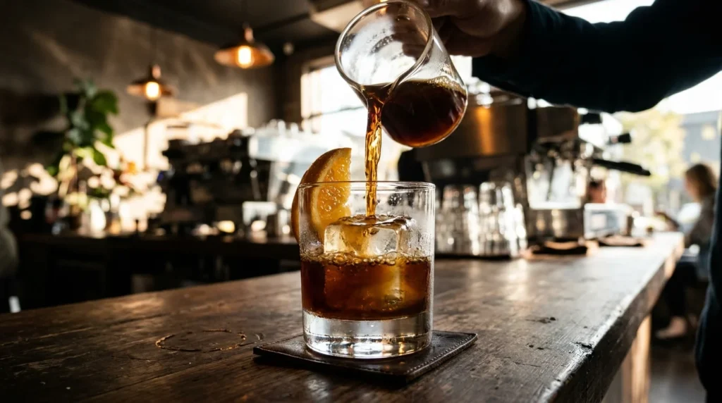 Cold drip coffee with orange wedge served over ice
