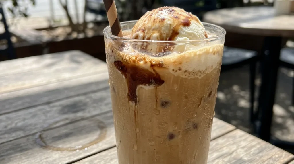 Creamy iced coffee with ice cream in a glass at a Sunbury cafe