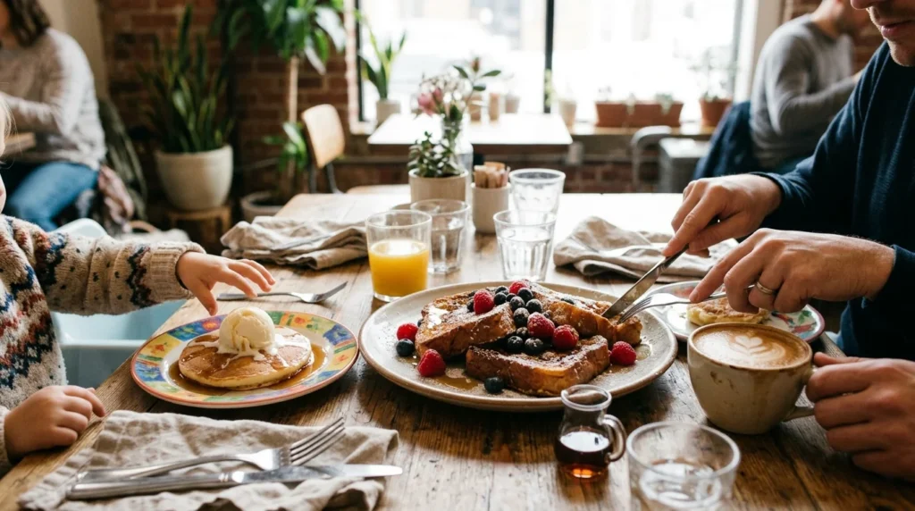 Family at a Sunbury cafe table sharing French toast and a kids pancake with ice cream