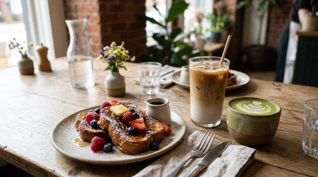 Cafe table with french toast, iced latte and matcha latte ready to share for brunch in Sunbury