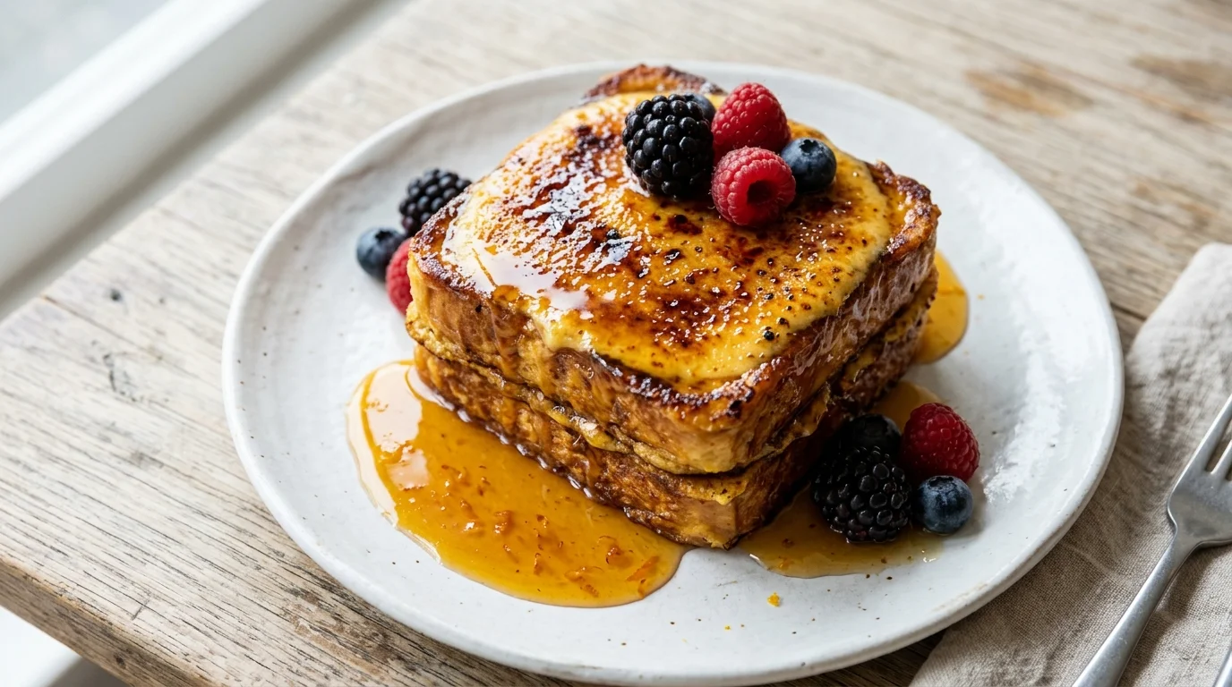 Creme Brulee French Toast with seasonal berries and orange syrup on a ceramic plate at a Sunbury cafe