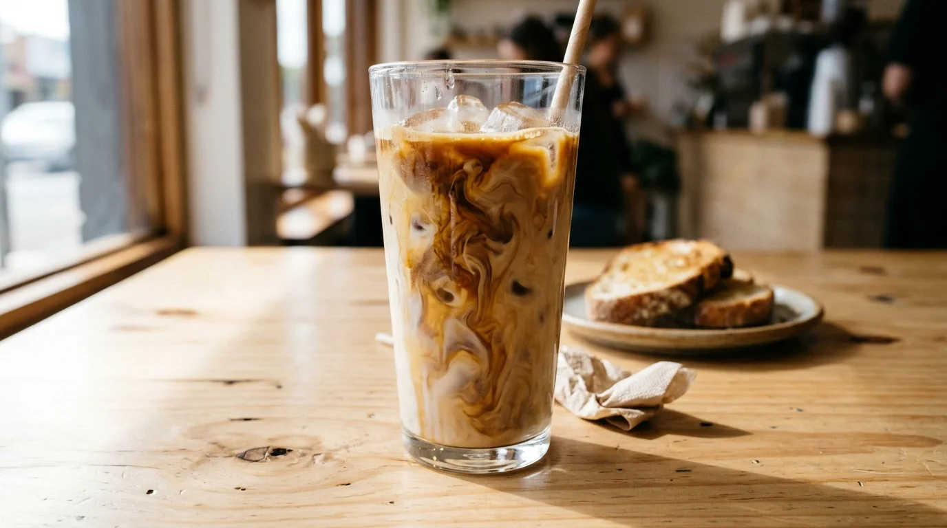 Iced latte on a cafe table at The Spotted Owl in Sunbury
