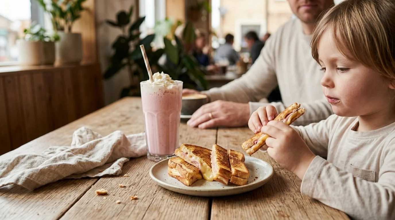 Child enjoying a ham and cheese toastie and milkshake at a family friendly cafe