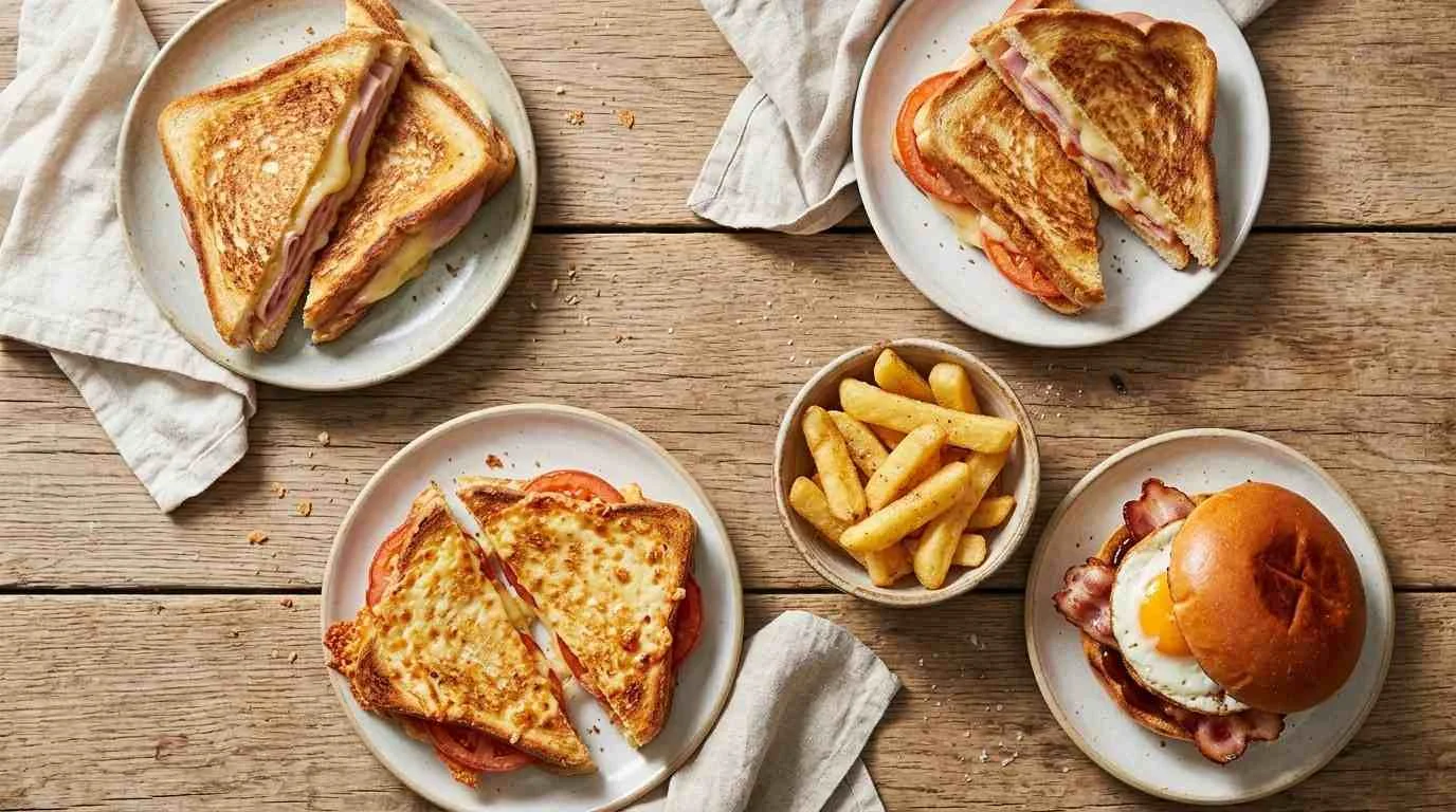 Four toastie options on a cafe table including ham and cheese and egg and bacon