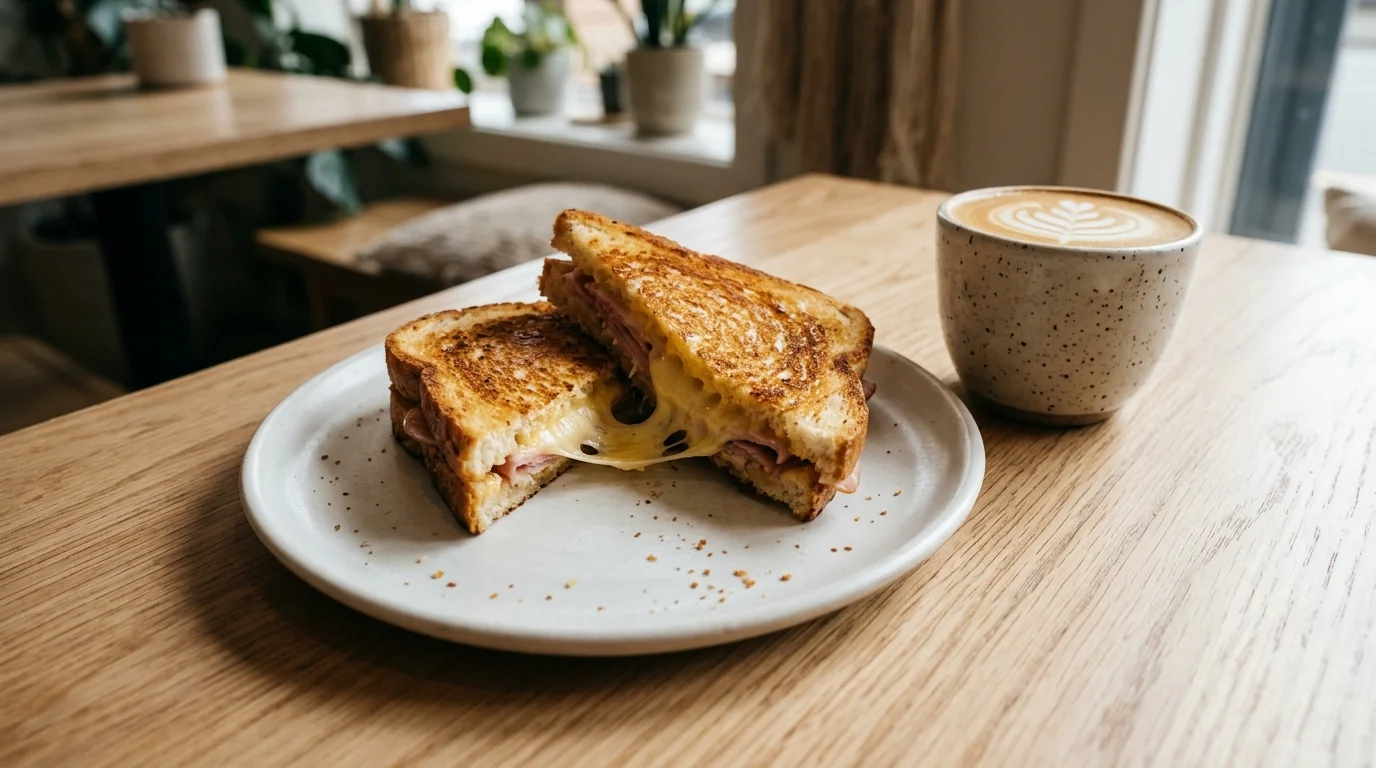 Ham and cheese Toastie Near Me in Sunbury with a flat white on a cafe table in Sunbury